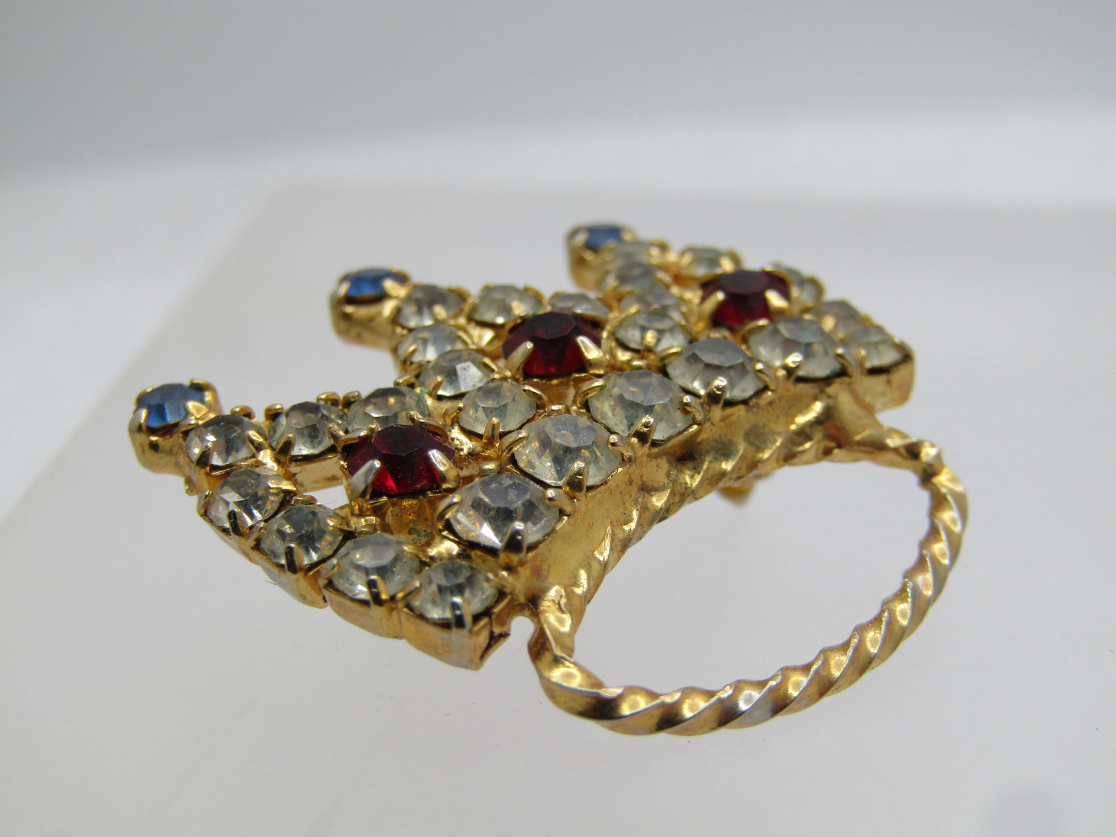 Vintage Rhinestone Crown Brooch, Red/White/Clear, 1970's-1980's - 5