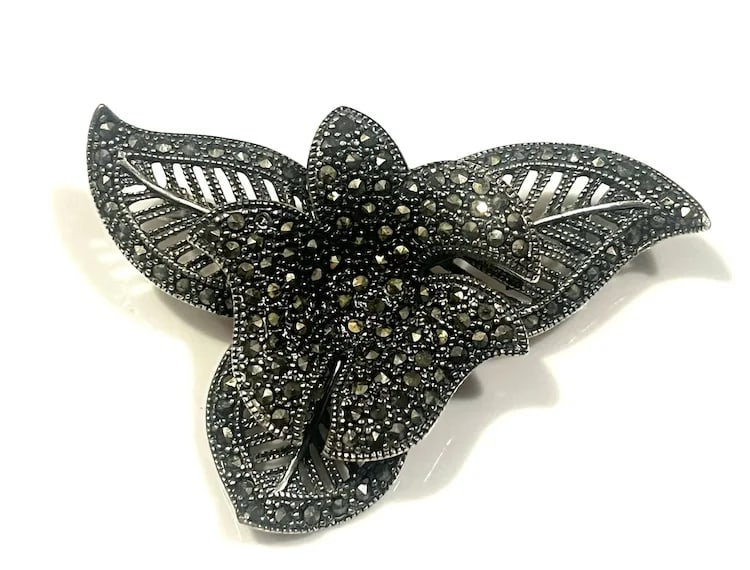 Vintage Sterling Silver and Marcasite Flower Pin 3-D design - 2