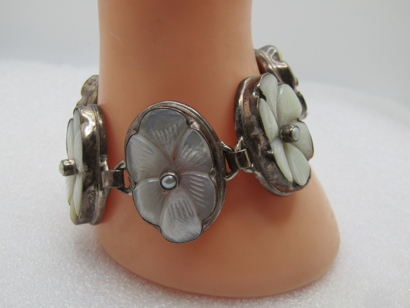 Vintage Sterling MOP Floral Bracelet, 8", Toggle Clasp, 1970's-1980's - 2