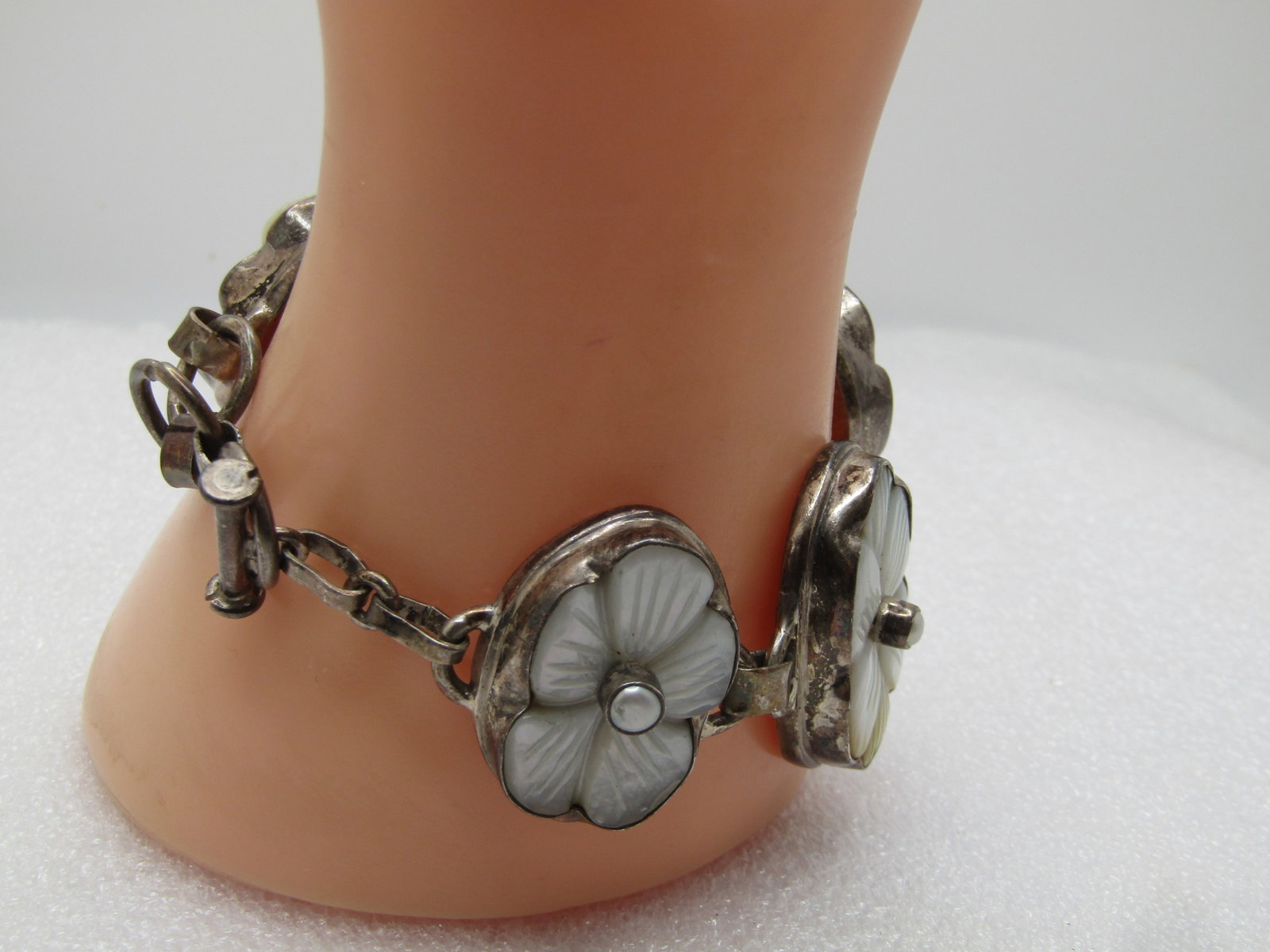 Vintage Sterling MOP Floral Bracelet, 8", Toggle Clasp, 1970's-1980's - 3