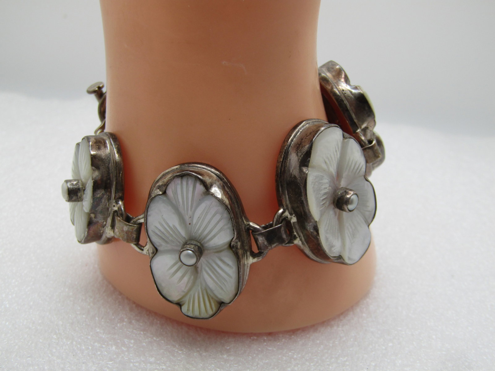 Vintage Sterling MOP Floral Bracelet, 8", Toggle Clasp, 1970's-1980's - 4