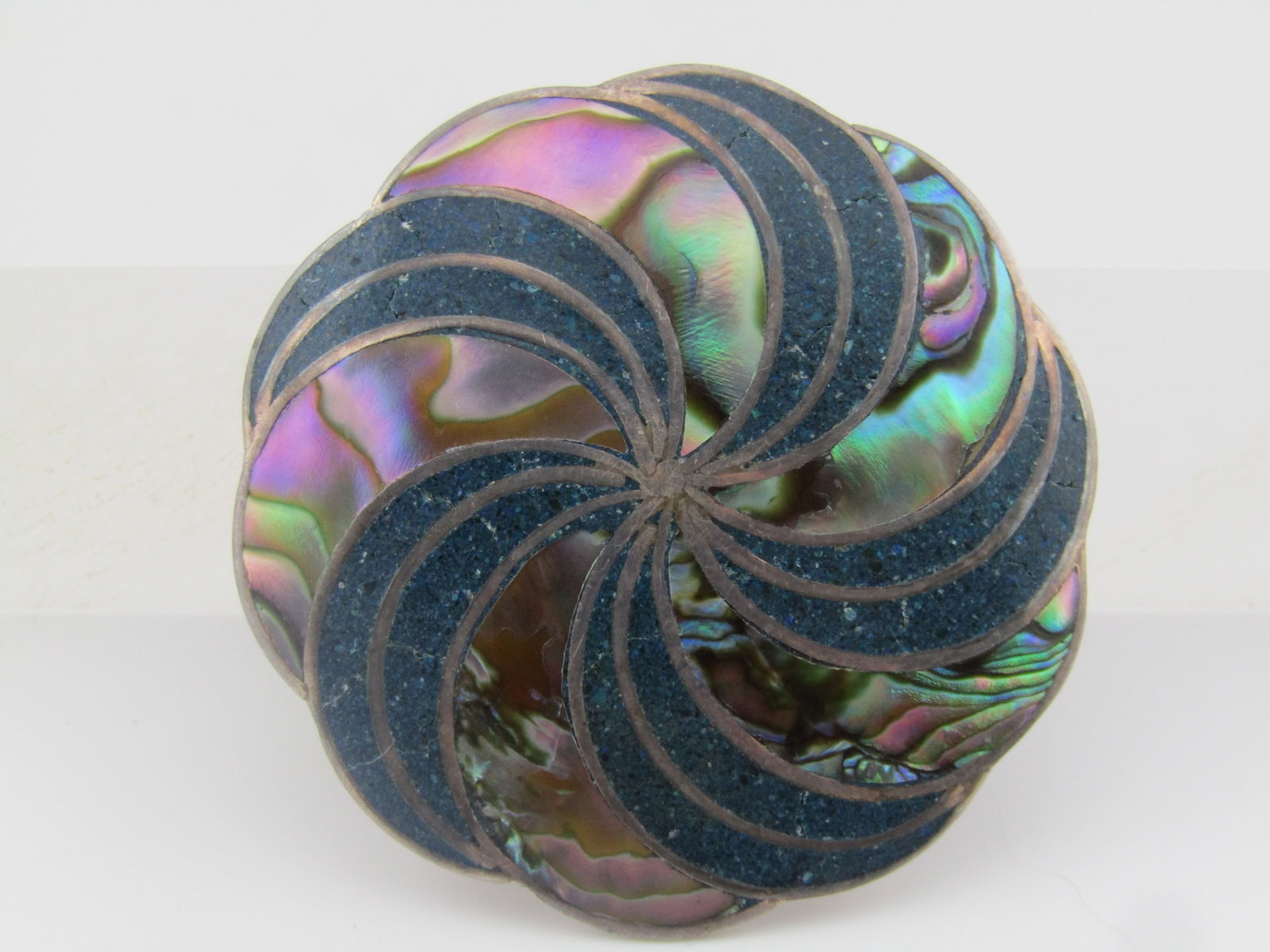 Vintage Sterling Inlaid Abalone and Turquoise Chip Brooch/Pendant, A. Garcia, Taxco, MX.: Title: Vintage Sterling Inlaid Abalone and Turquoise Chip Brooch/Pendant, A. Garcia, Taxco, MX. 1960's-1970's Description: Vintage Sterling Inlaid Abalone and Turquoise Chip Brooch/Pendant, A. Garcia,
