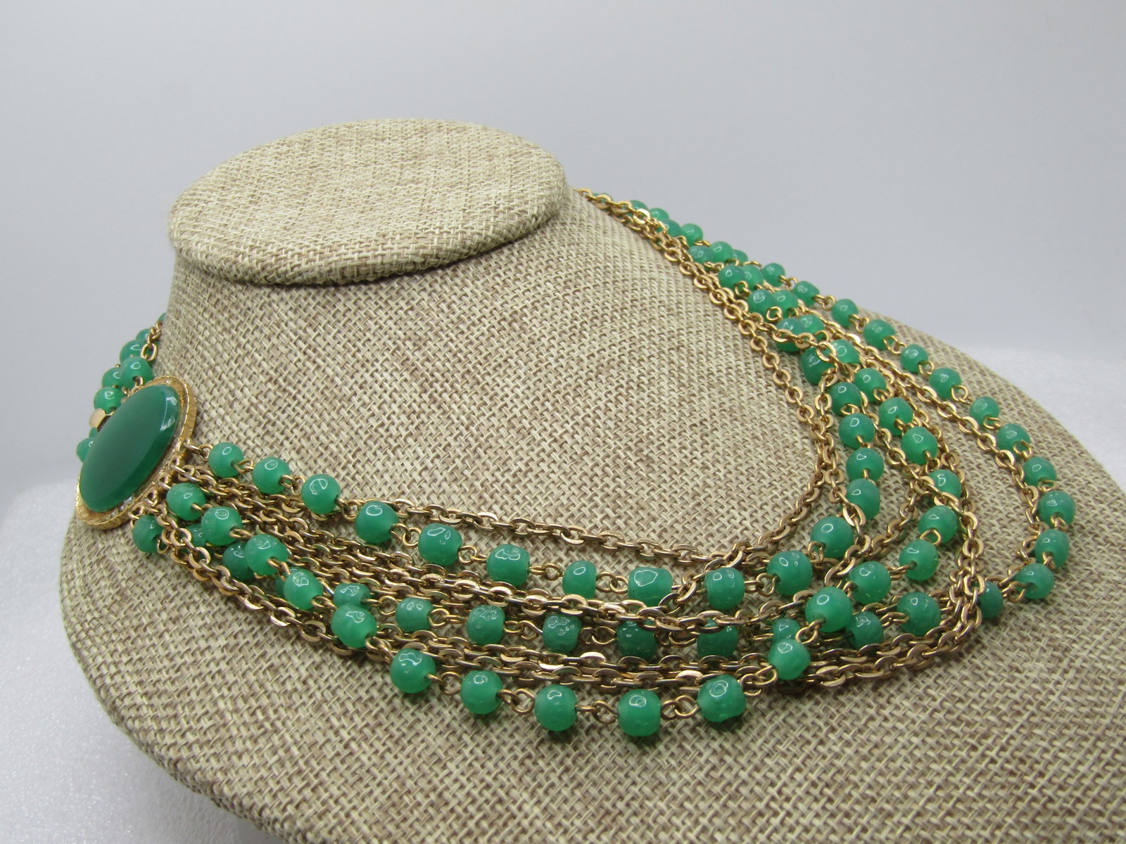 Vintage Nine Strand Green Glass Necklace, 16", 1960's - 2