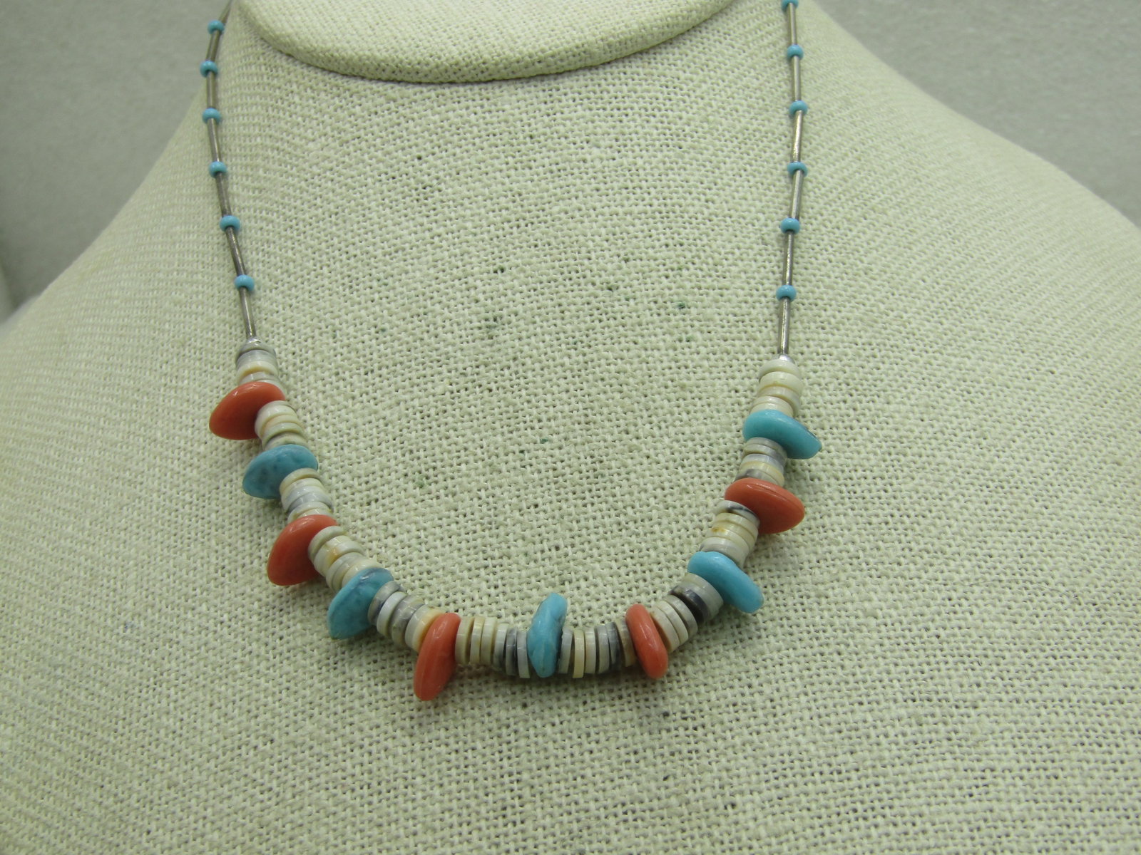 Vintage Southwestern Puka and Faux Coral Turquoise Necklace, 14" - 2