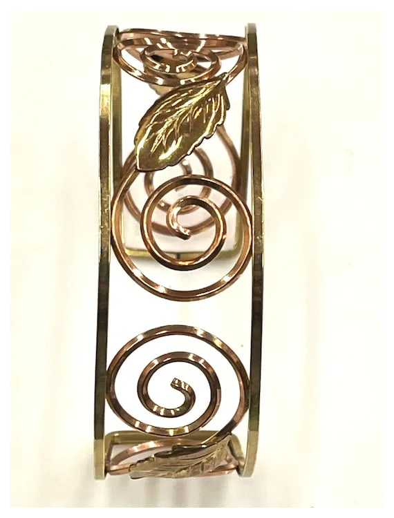Vintage Probst 12K Gold Filled Bi Color Two Tone Botanical Swirl Wire Cuff Bracelet - 4