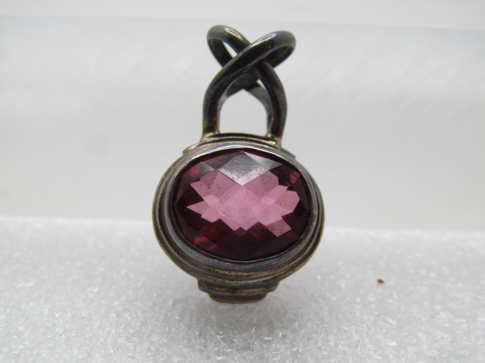 Vintage Sterling Pink Pendant, Signed Sarda, 1980's-1990's: Title: Vintage Sterling Pink Pendant, Signed Sarda, 1980's-1990's Description: Vintage Sterling Pink Pendant, Signed Sarda, 1980's-1990's. This has a double crossover looped bail with an appx. 10.5mm 