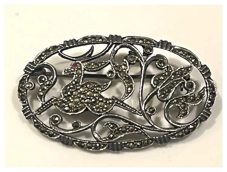 Vintage Sterling Silver Oval Marcasite Deer Brooch/Pin - 2