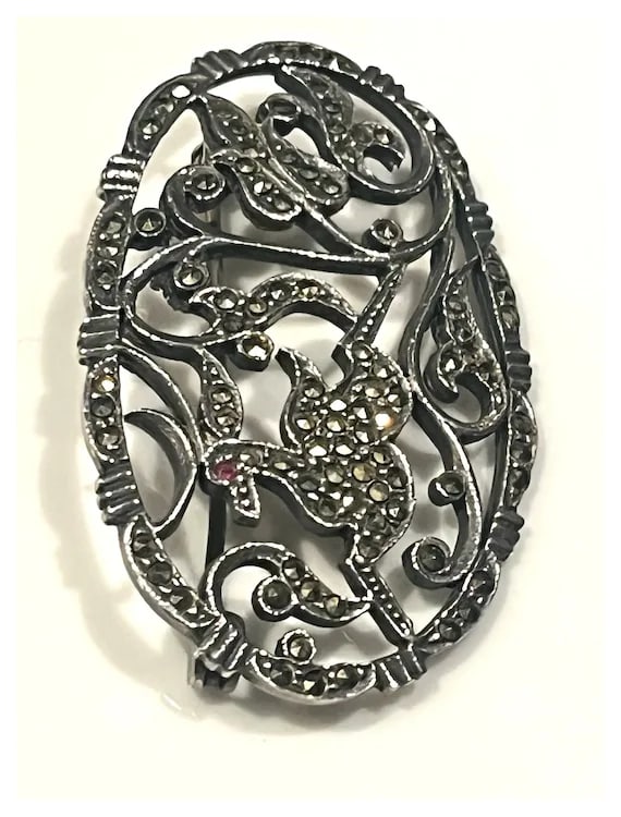 Vintage Sterling Silver Oval Marcasite Deer Brooch/Pin - 3