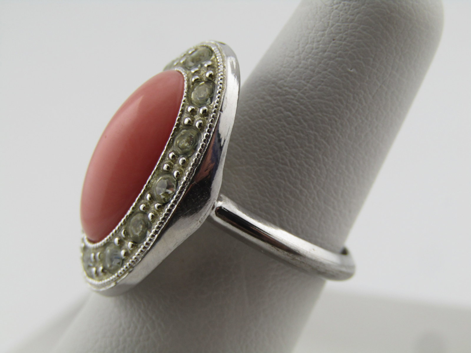 Vintage Avon Faux Pink Coral Ring, Clear Stones, Size 5-8, 1980's - 2