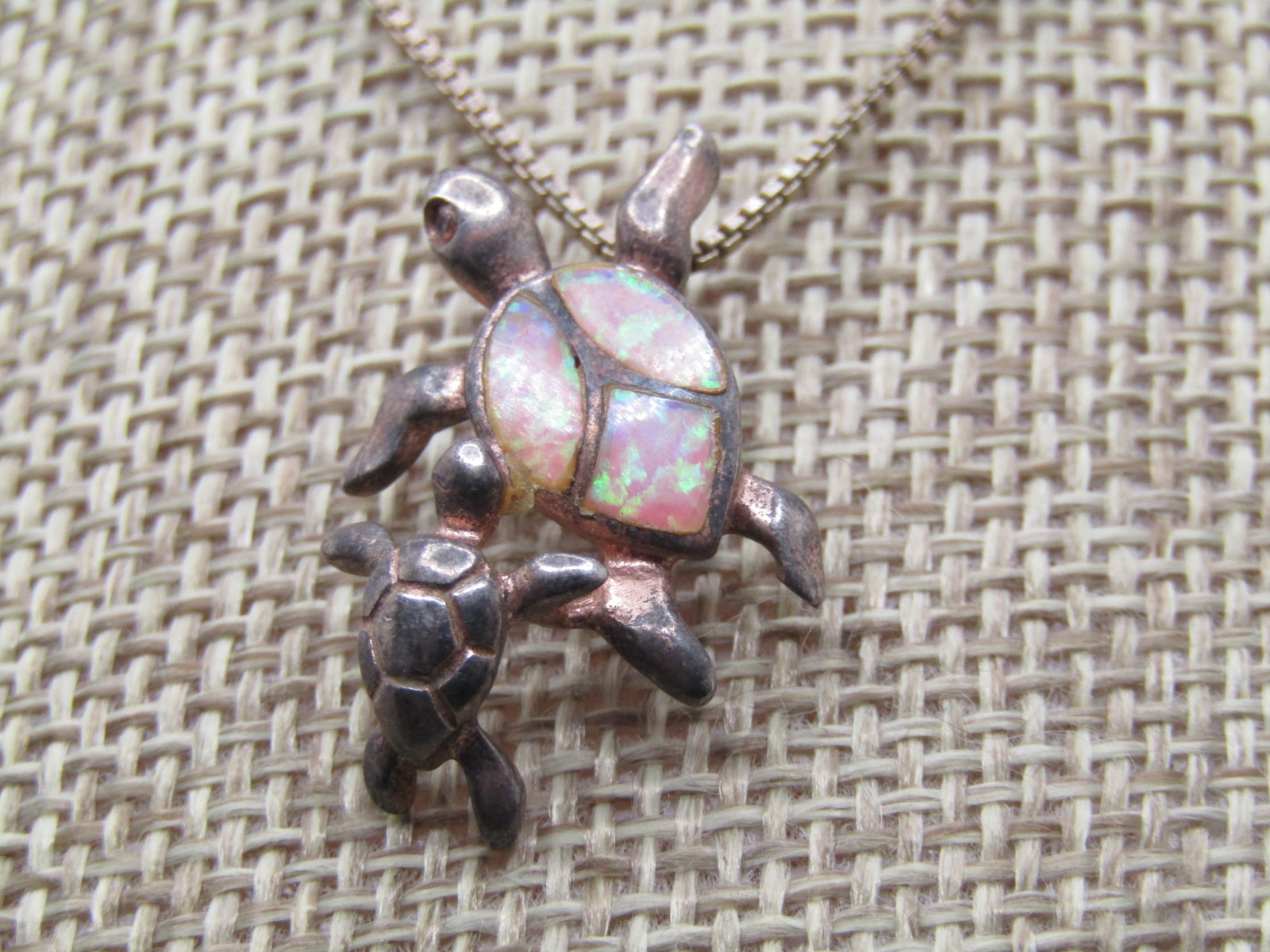 Vintage Sterling Faux Opal Turtle and Baby Necklace, 20", 1980's - 2