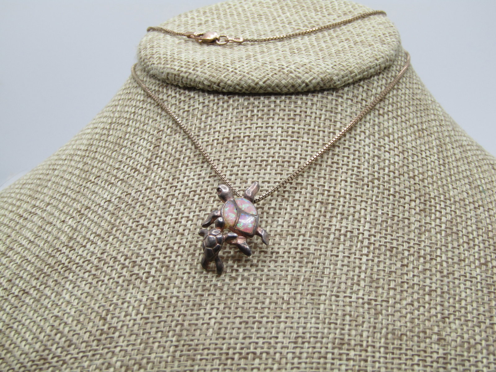 Vintage Sterling Faux Opal Turtle and Baby Necklace, 20", 1980's - 3
