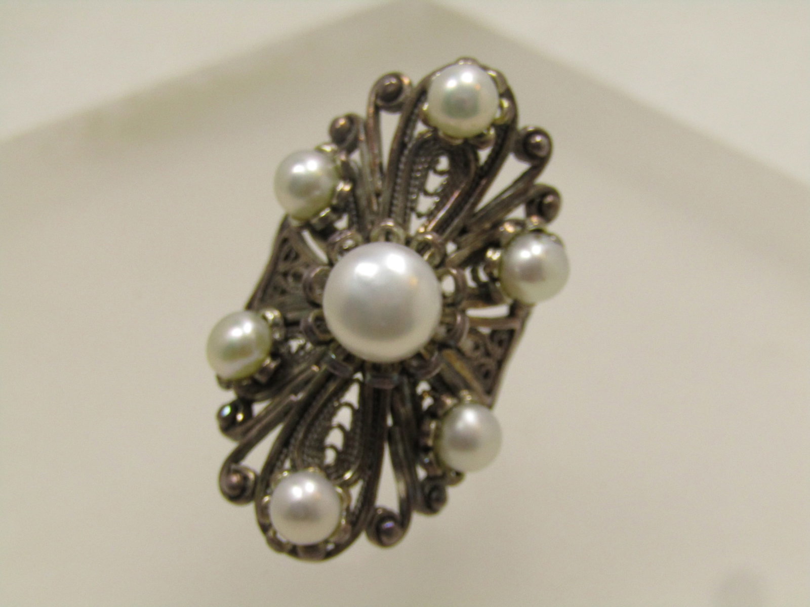 Sterling Filigree Cultured Pearl Ring, Sz. 7, Signed DGS, Turkey 1990's - 2