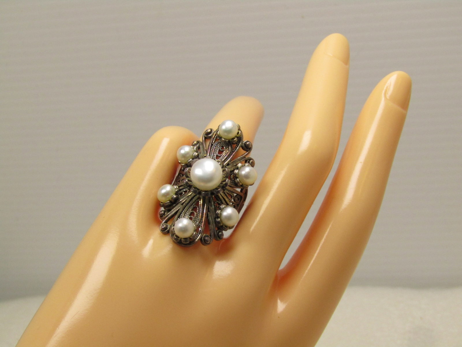 Sterling Filigree Cultured Pearl Ring, Sz. 7, Signed DGS, Turkey 1990's - 6