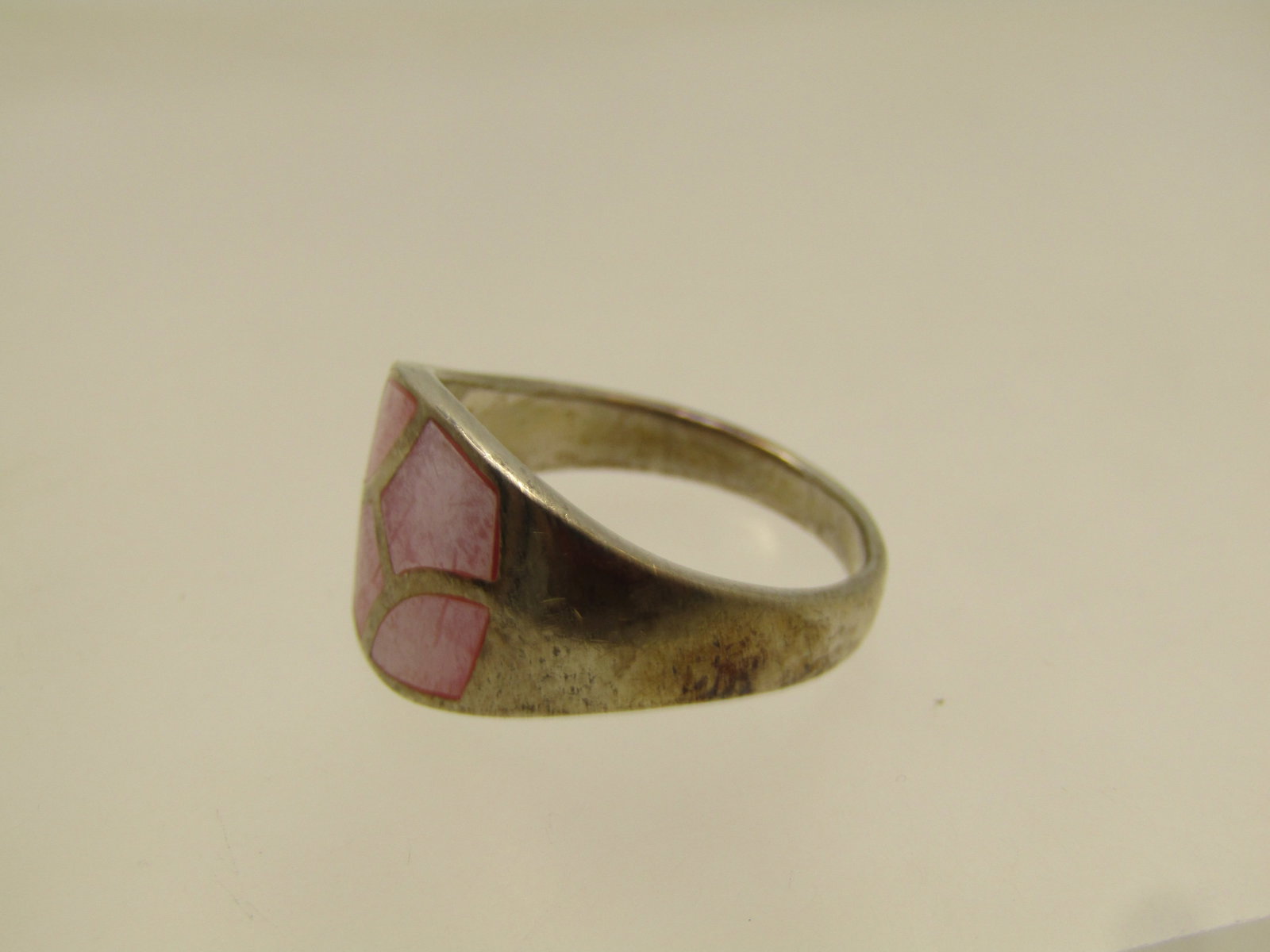 Vintage Inlaid Pink Mother-of-Pearl ring, Sz. 7.75, 1980's, Signed - 7