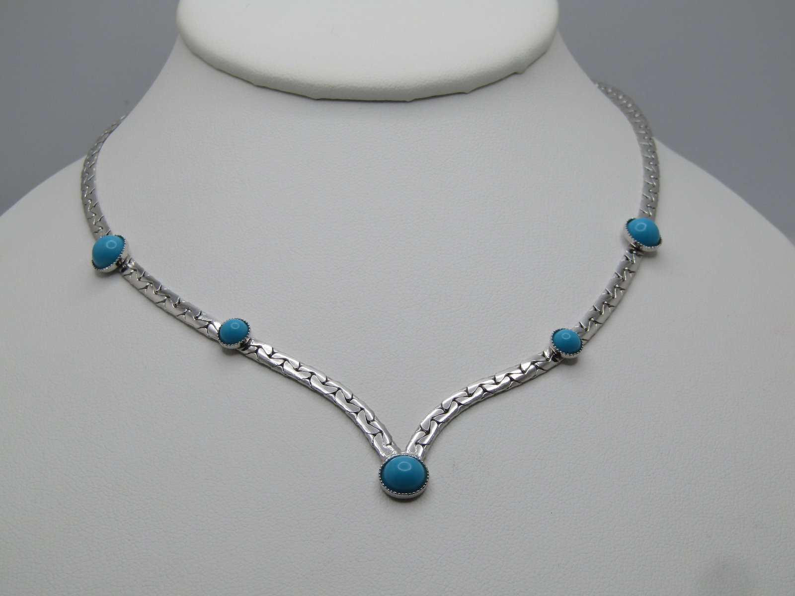 Vintage Faux Turquoise V Drop Necklace 16", Silver Tone, Southwestern Vibe. 1980's-1990's - 3