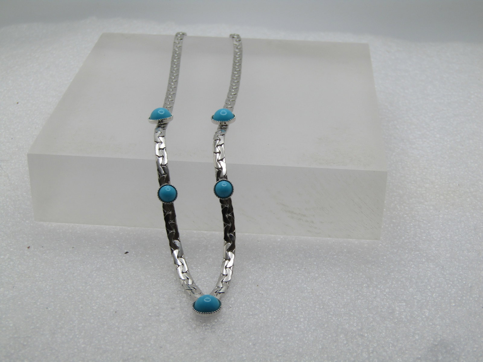 Vintage Faux Turquoise V Drop Necklace 16", Silver Tone, Southwestern Vibe. 1980's-1990's - 5