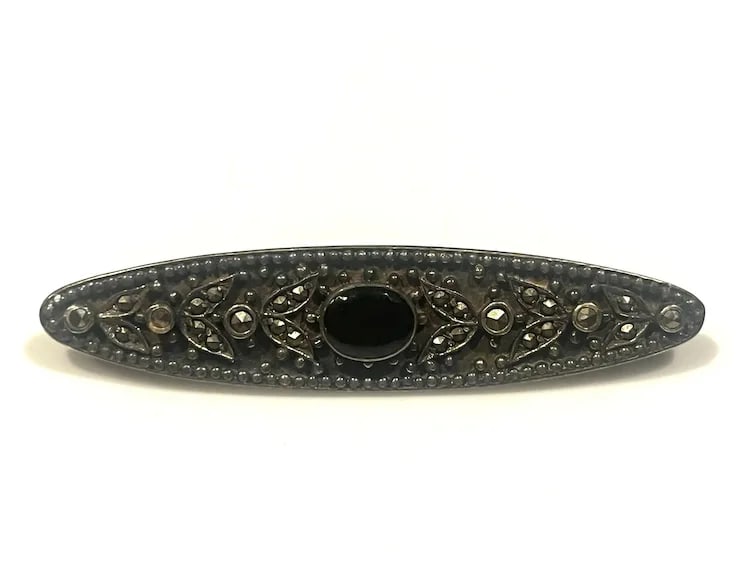 Vintage Sterling Silver Black Onyx and Marcasite Oval Brooch - 3