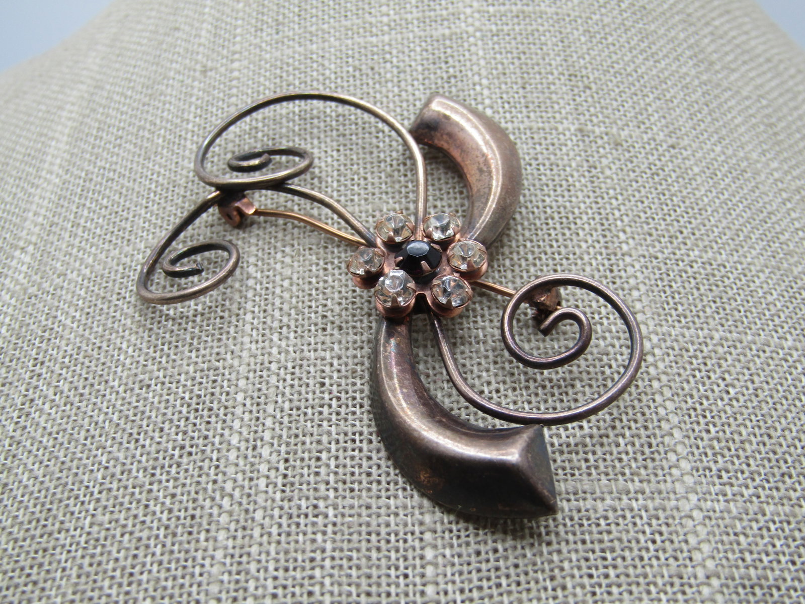 Vintage Sterling Spiral Curved Brooch, with Rhinestones, 1940's - 2