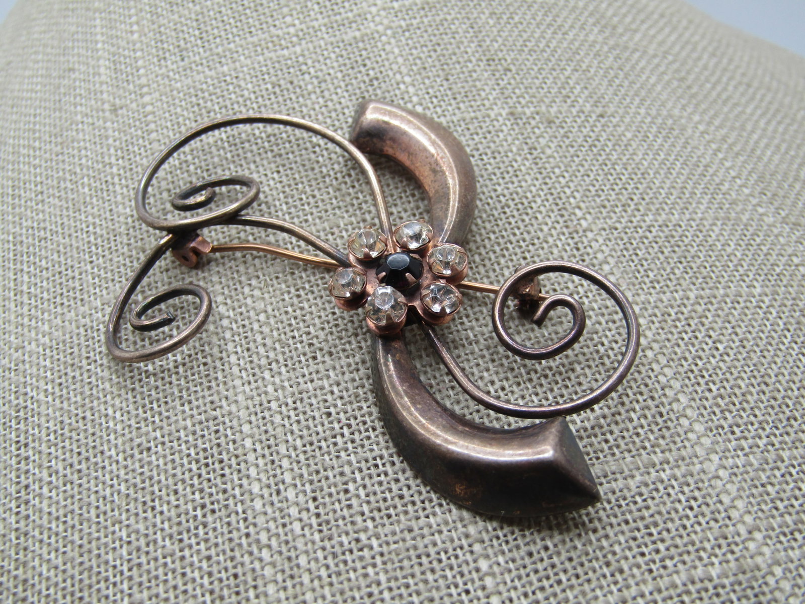 Vintage Sterling Spiral Curved Brooch, with Rhinestones, 1940's - 3