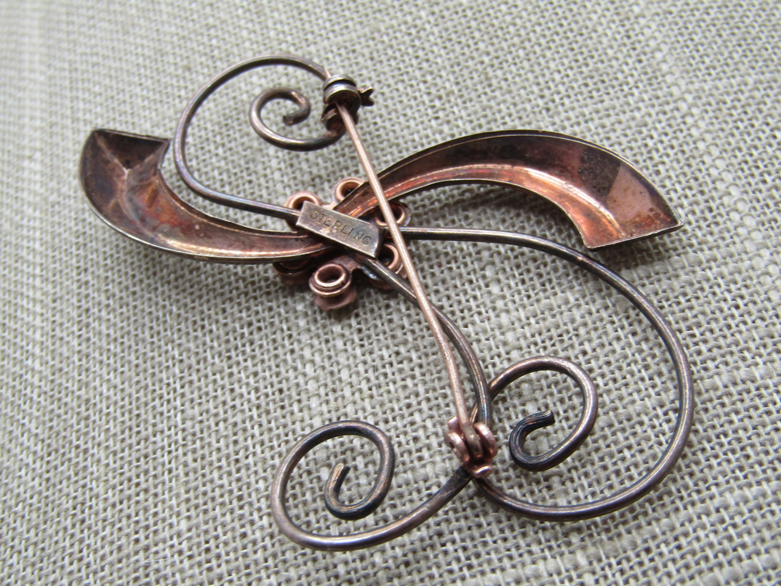Vintage Sterling Spiral Curved Brooch, with Rhinestones, 1940's - 4