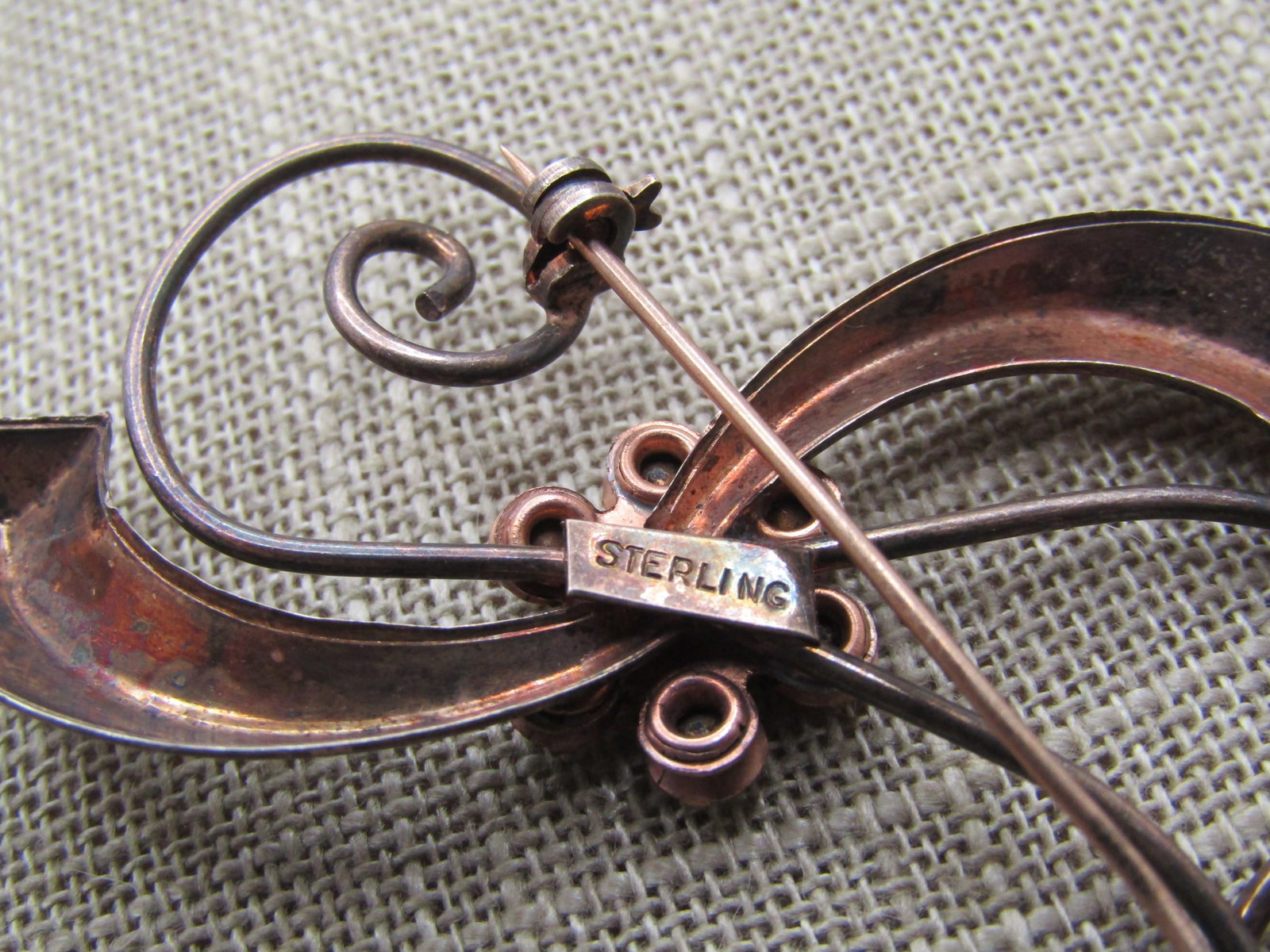 Vintage Sterling Spiral Curved Brooch, with Rhinestones, 1940's - 5