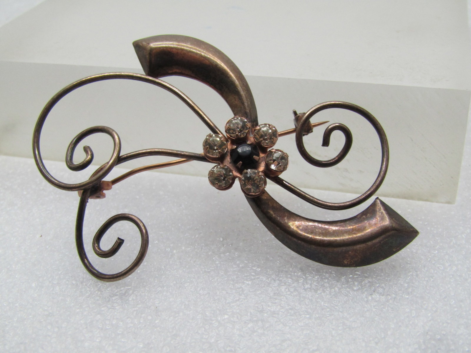 Vintage Sterling Spiral Curved Brooch, with Rhinestones, 1940's - 6