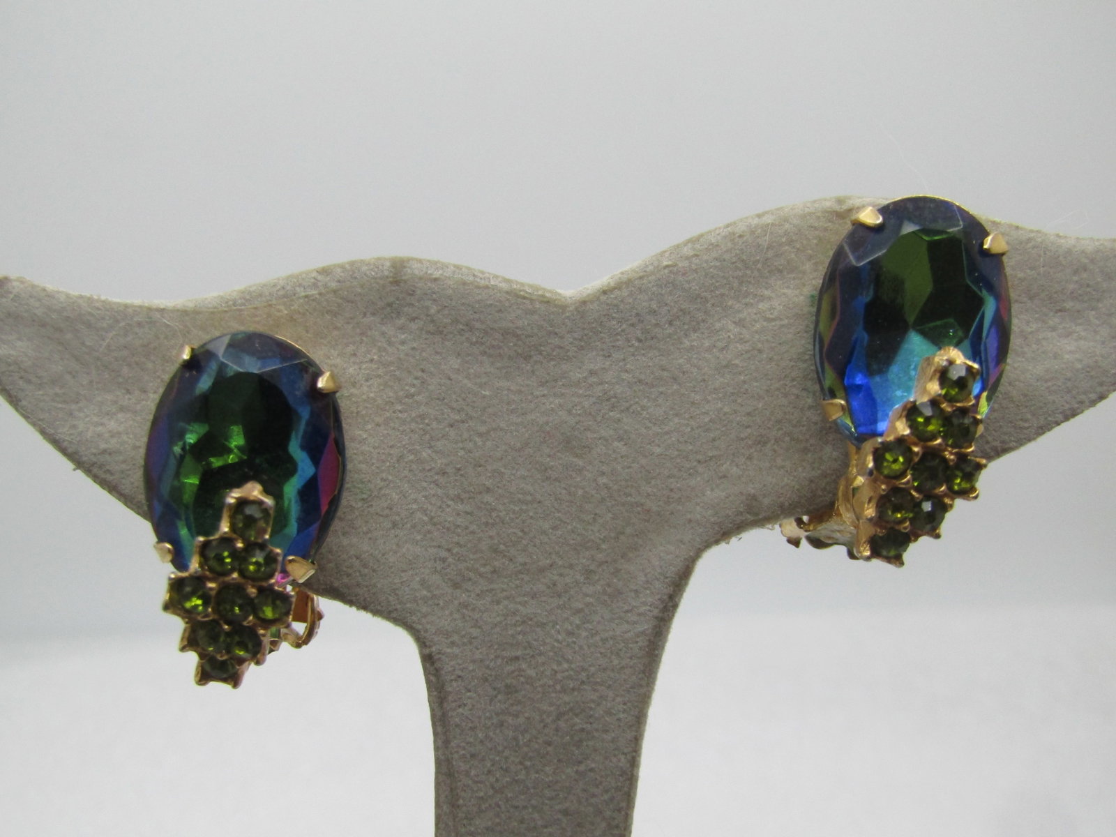 Vintage Blue and Green Rhinestone Brooch/Pendant and Earrings, Set, Clip, 1960's - 2