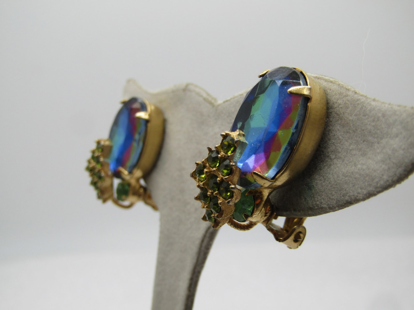 Vintage Blue and Green Rhinestone Brooch/Pendant and Earrings, Set, Clip, 1960's - 3
