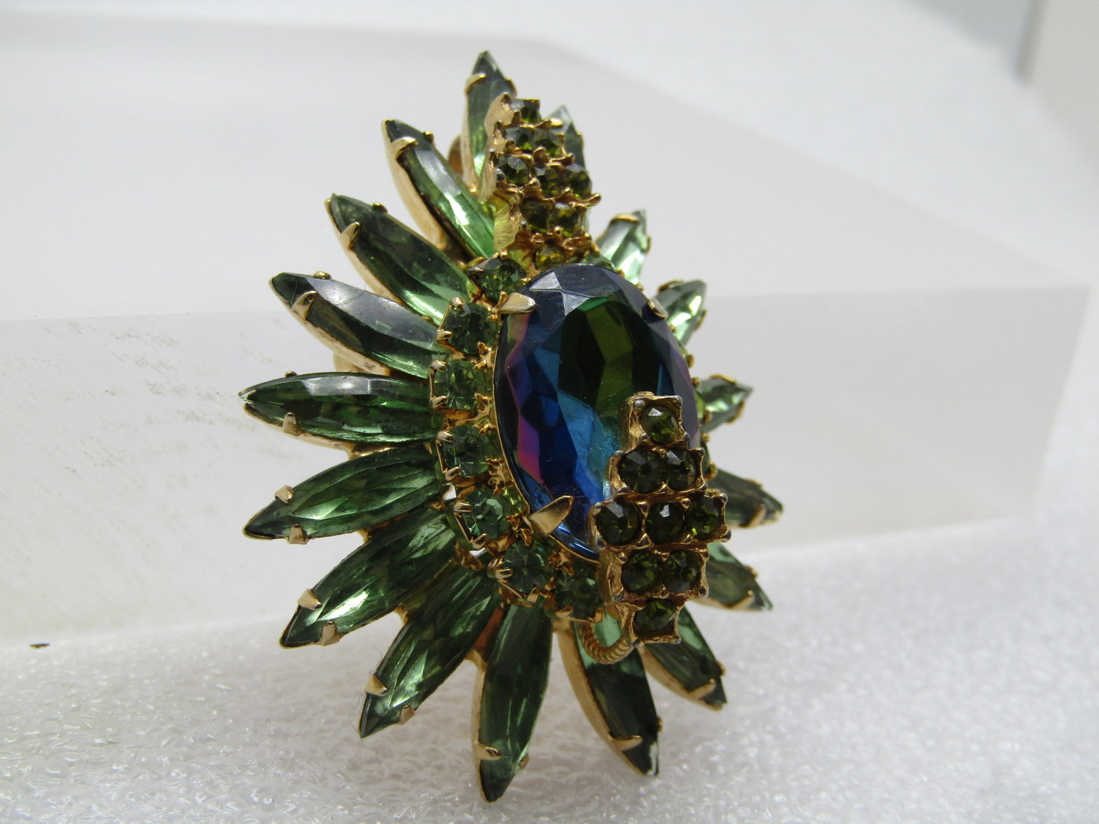 Vintage Blue and Green Rhinestone Brooch/Pendant and Earrings, Set, Clip, 1960's - 7