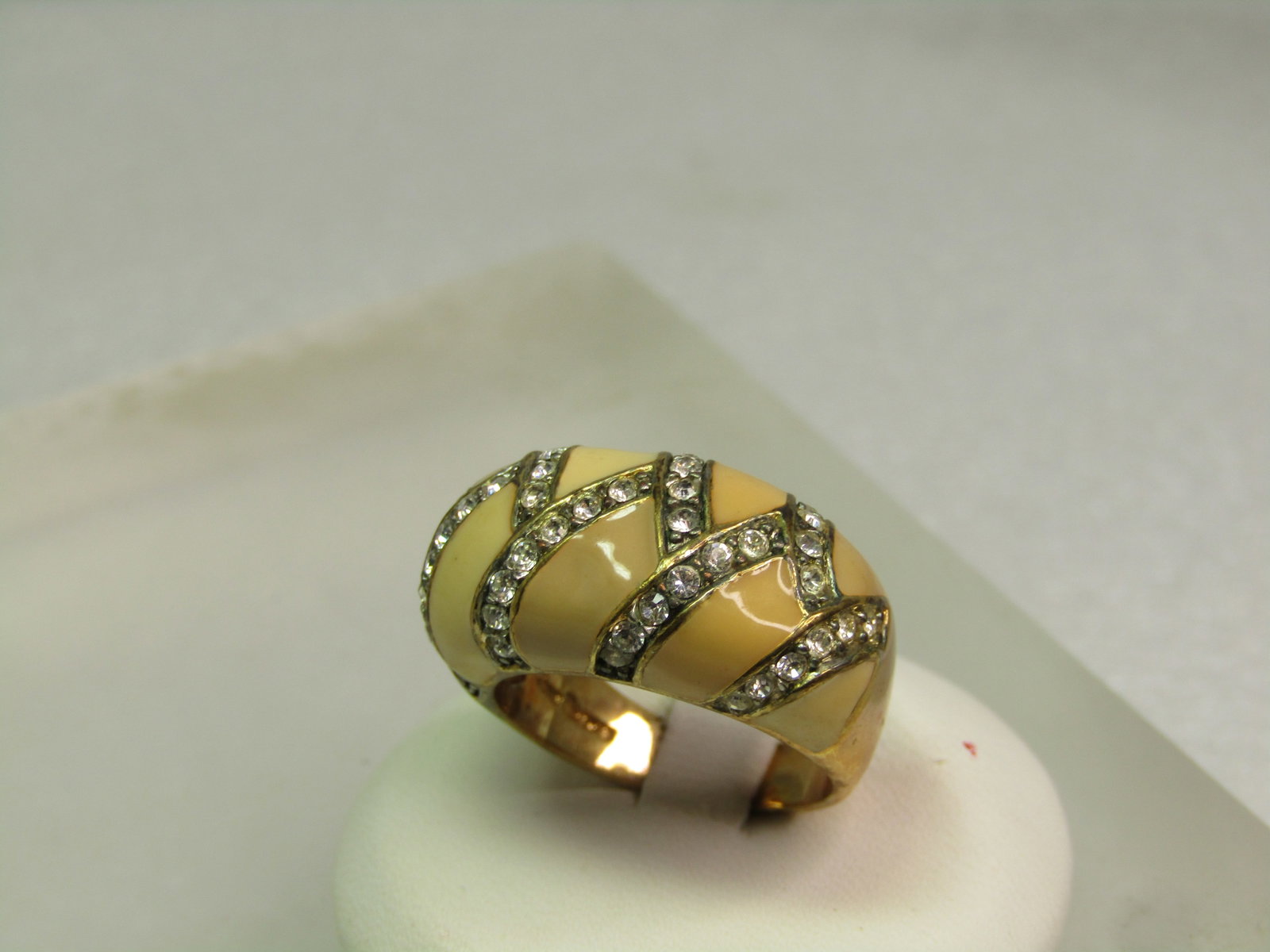 Vintage Tan Enameled Clear RS Ring, Sz. 8.25, Signed Joan Rivers, 1990's - 2