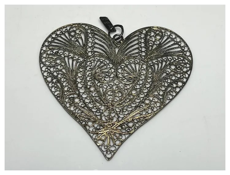 Vintage Large Sterling Silver Filigree Heart Pendant - 2