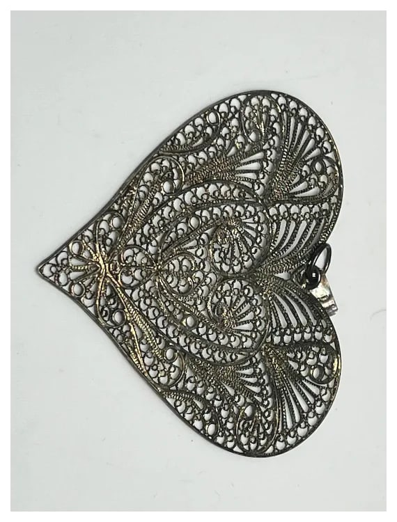 Vintage Large Sterling Silver Filigree Heart Pendant - 5