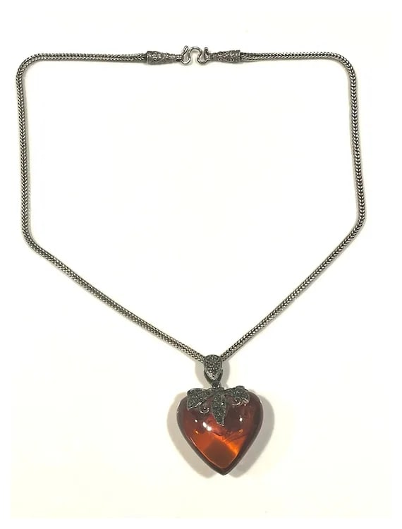Vintage Sterling Silver Double Sided Marcasite Big Puffy Baltic Amber Heart Pendant/Necklace - 2