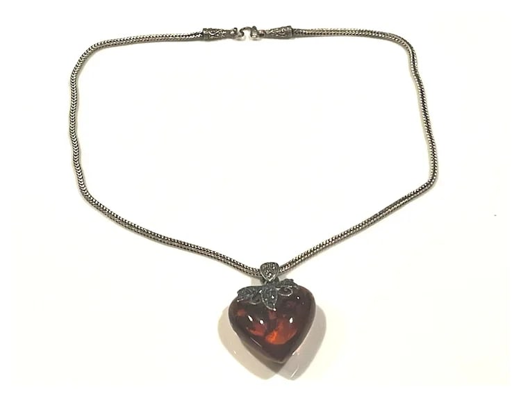 Vintage Sterling Silver Double Sided Marcasite Big Puffy Baltic Amber Heart Pendant/Necklace - 3