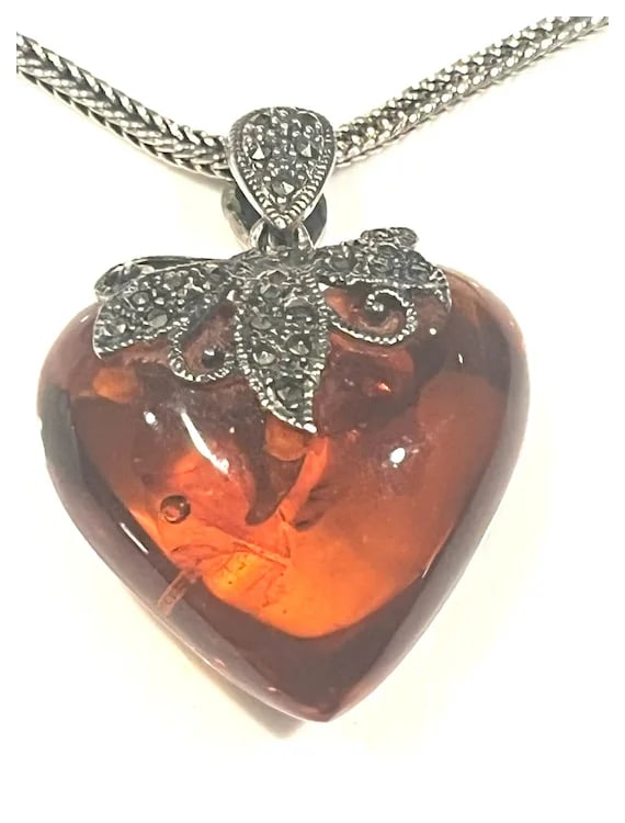 Vintage Sterling Silver Double Sided Marcasite Big Puffy Baltic Amber Heart Pendant/Necklace - 4