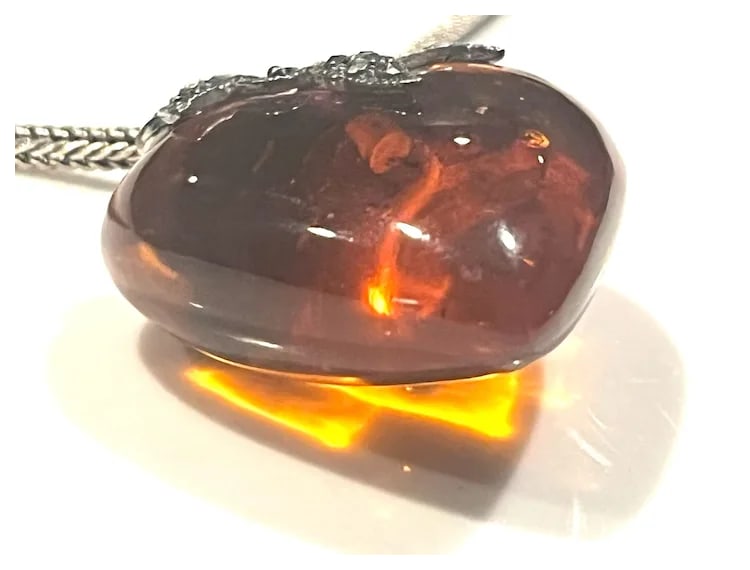 Vintage Sterling Silver Double Sided Marcasite Big Puffy Baltic Amber Heart Pendant/Necklace - 6