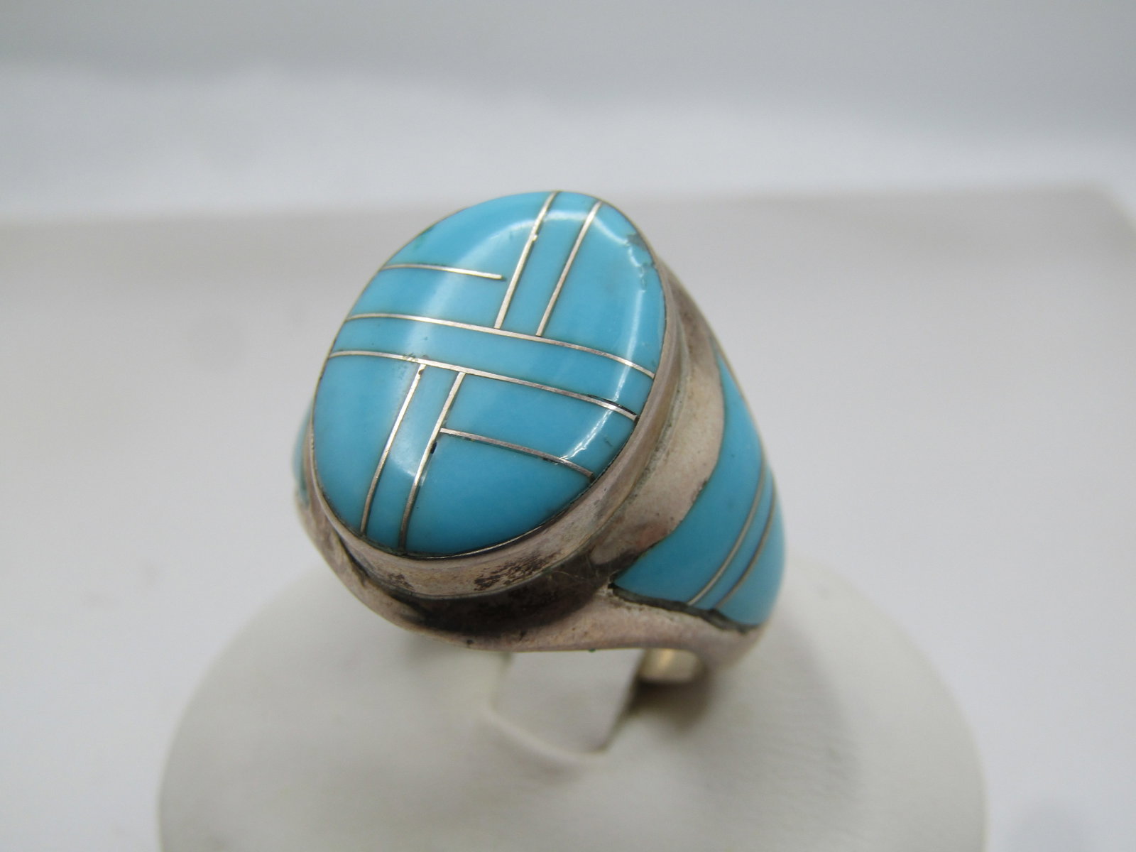 Vintage Sterling Southwestern Turquoise Inlaid Ring, Sz. 9, Signed TL, 1980's-1990's - 2