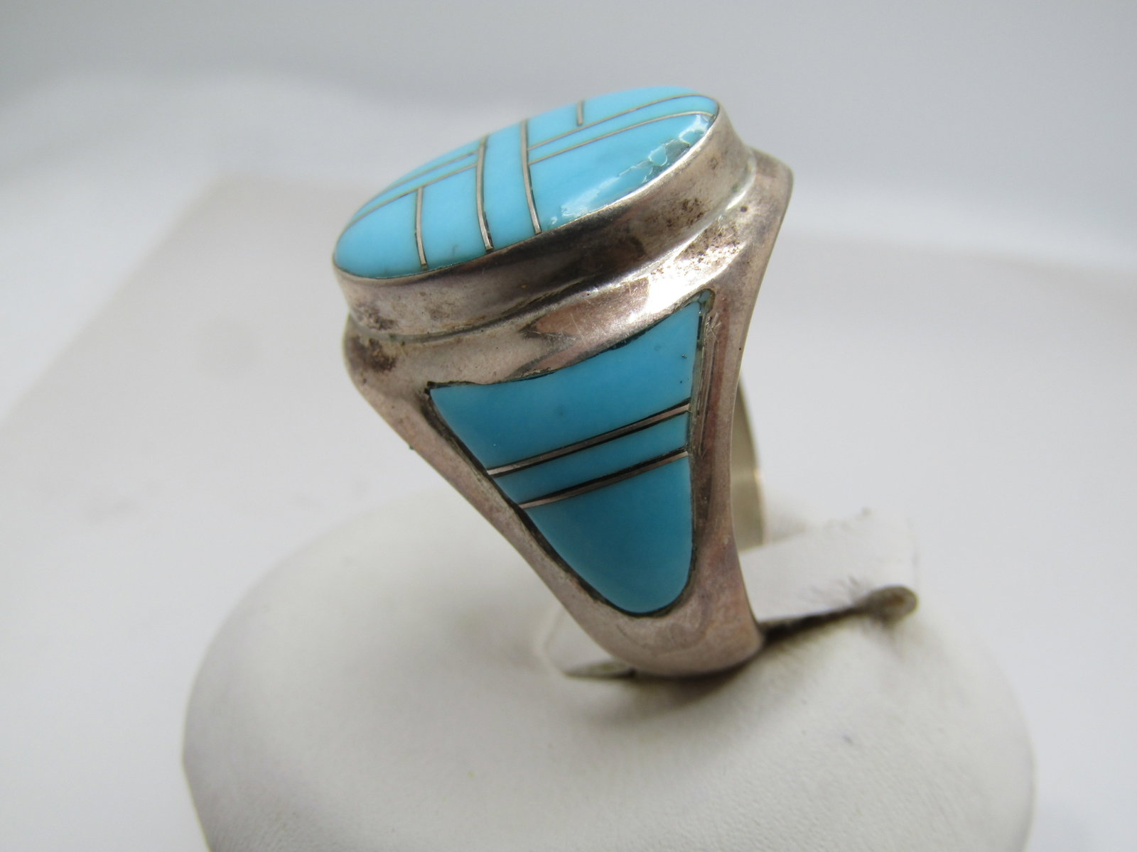 Vintage Sterling Southwestern Turquoise Inlaid Ring, Sz. 9, Signed TL, 1980's-1990's - 3
