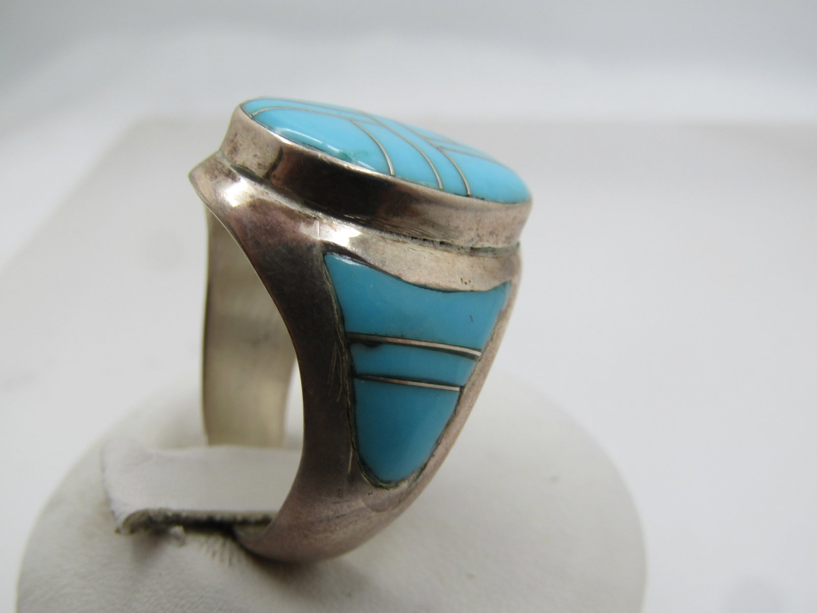 Vintage Sterling Southwestern Turquoise Inlaid Ring, Sz. 9, Signed TL, 1980's-1990's - 4