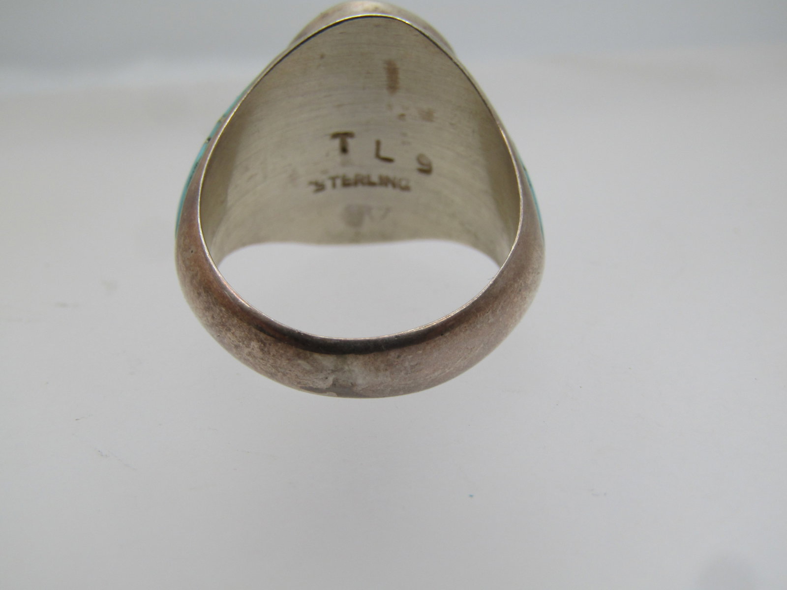 Vintage Sterling Southwestern Turquoise Inlaid Ring, Sz. 9, Signed TL, 1980's-1990's - 5