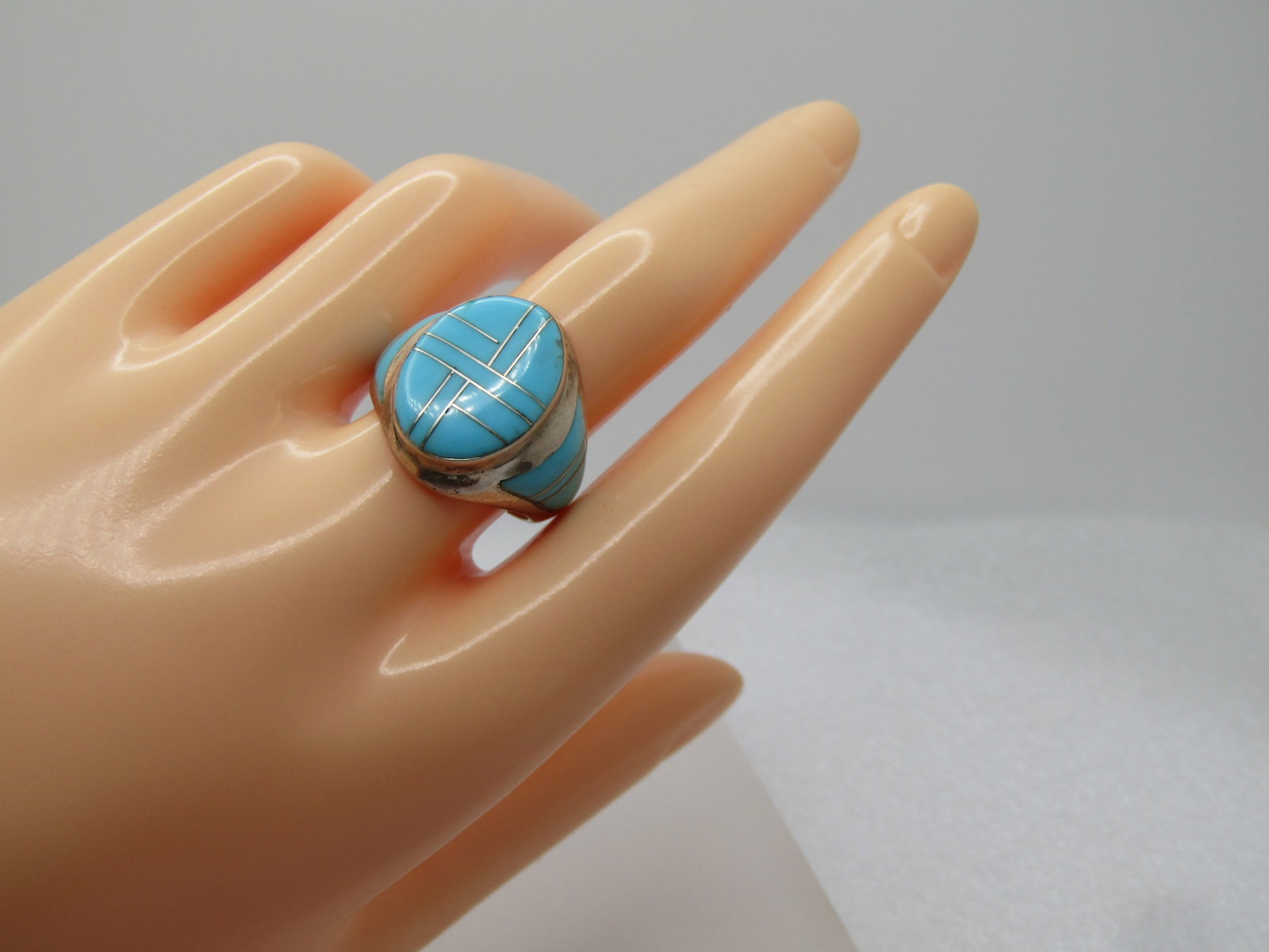 Vintage Sterling Southwestern Turquoise Inlaid Ring, Sz. 9, Signed TL, 1980's-1990's - 7