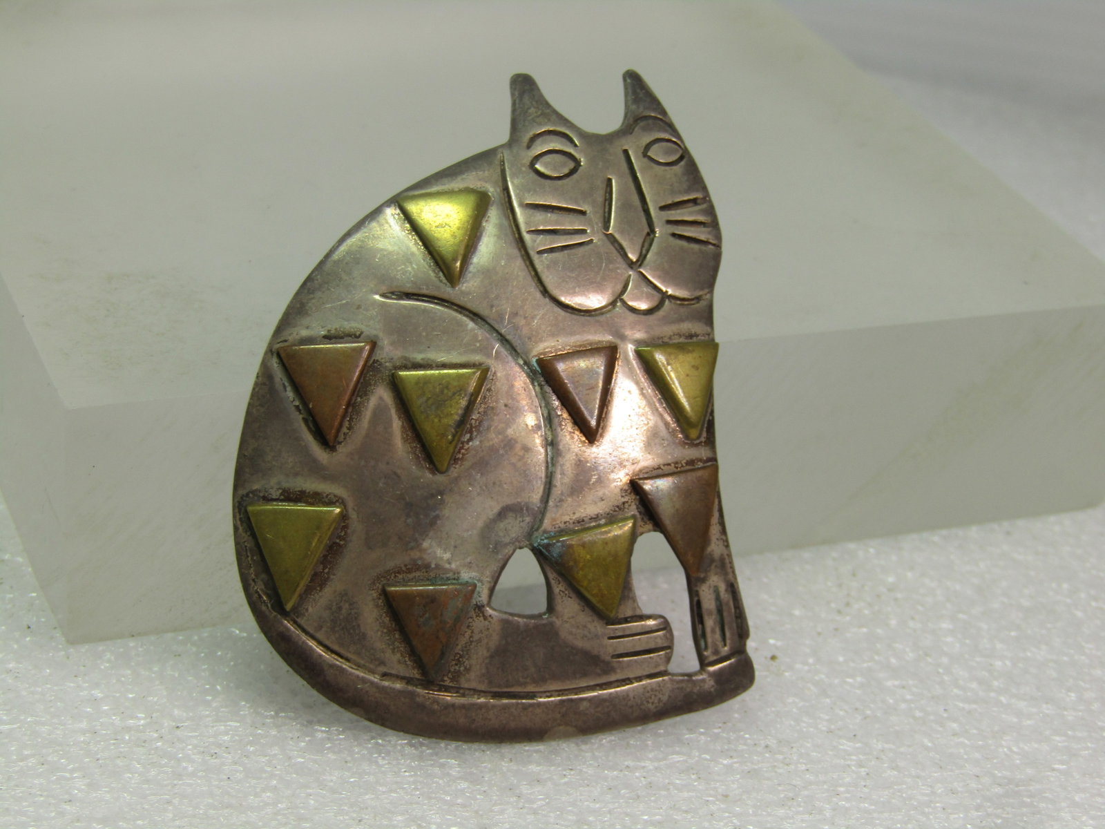 Vintage Sterling Cat Brooch/Pendant, Brass/Gold Tone Spots, 1980's, Signed - 2