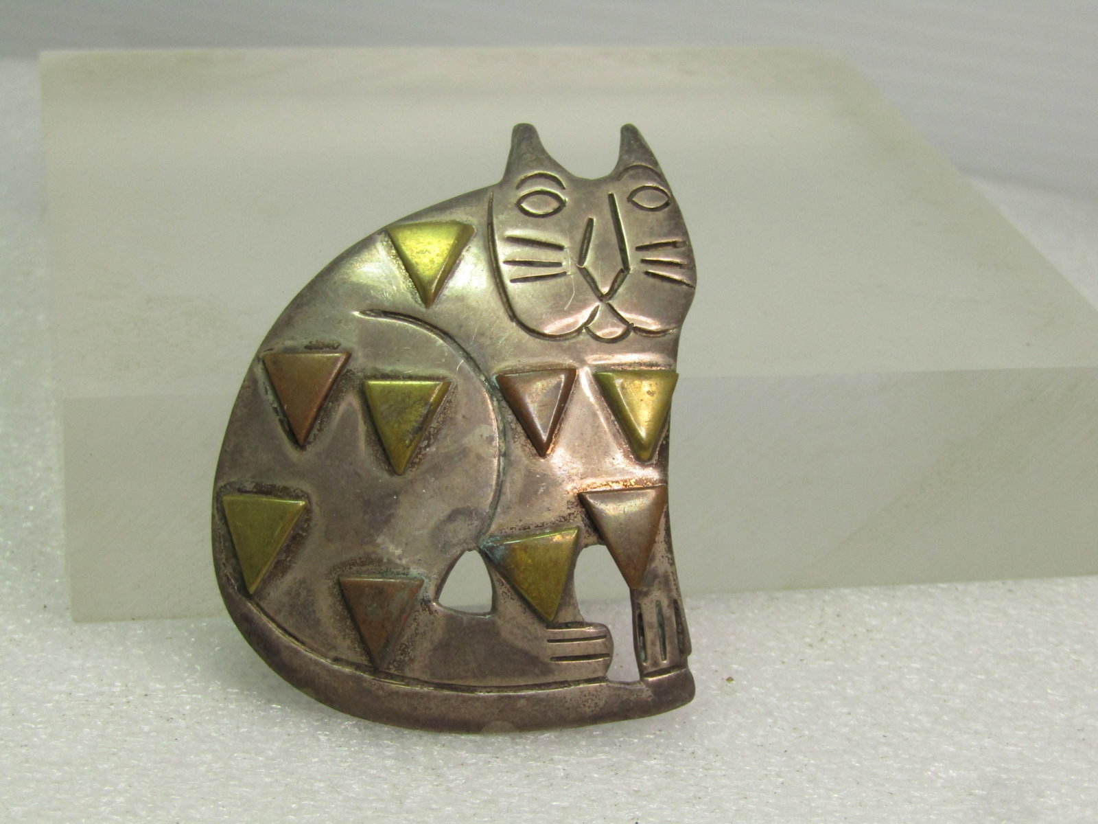 Vintage Sterling Cat Brooch/Pendant, Brass/Gold Tone Spots, 1980's, Signed - 3