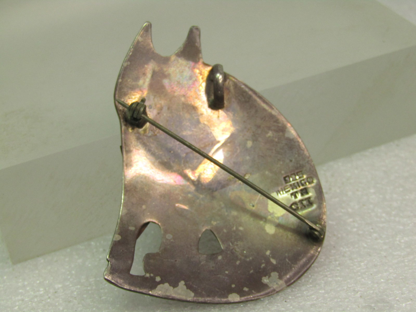 Vintage Sterling Cat Brooch/Pendant, Brass/Gold Tone Spots, 1980's, Signed - 4