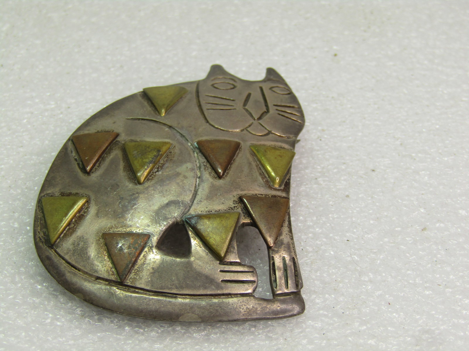 Vintage Sterling Cat Brooch/Pendant, Brass/Gold Tone Spots, 1980's, Signed - 5