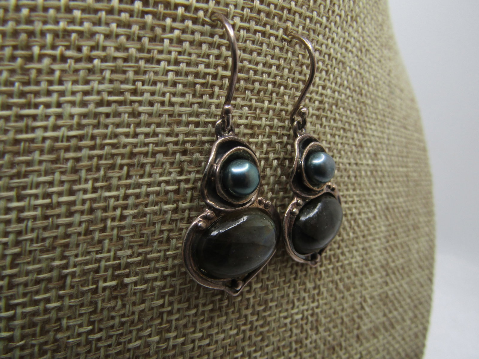 Vintage Sterling Labradorite Tahitian Pearl earrings, Pierced, Signed HG Israel, 1990's - 2