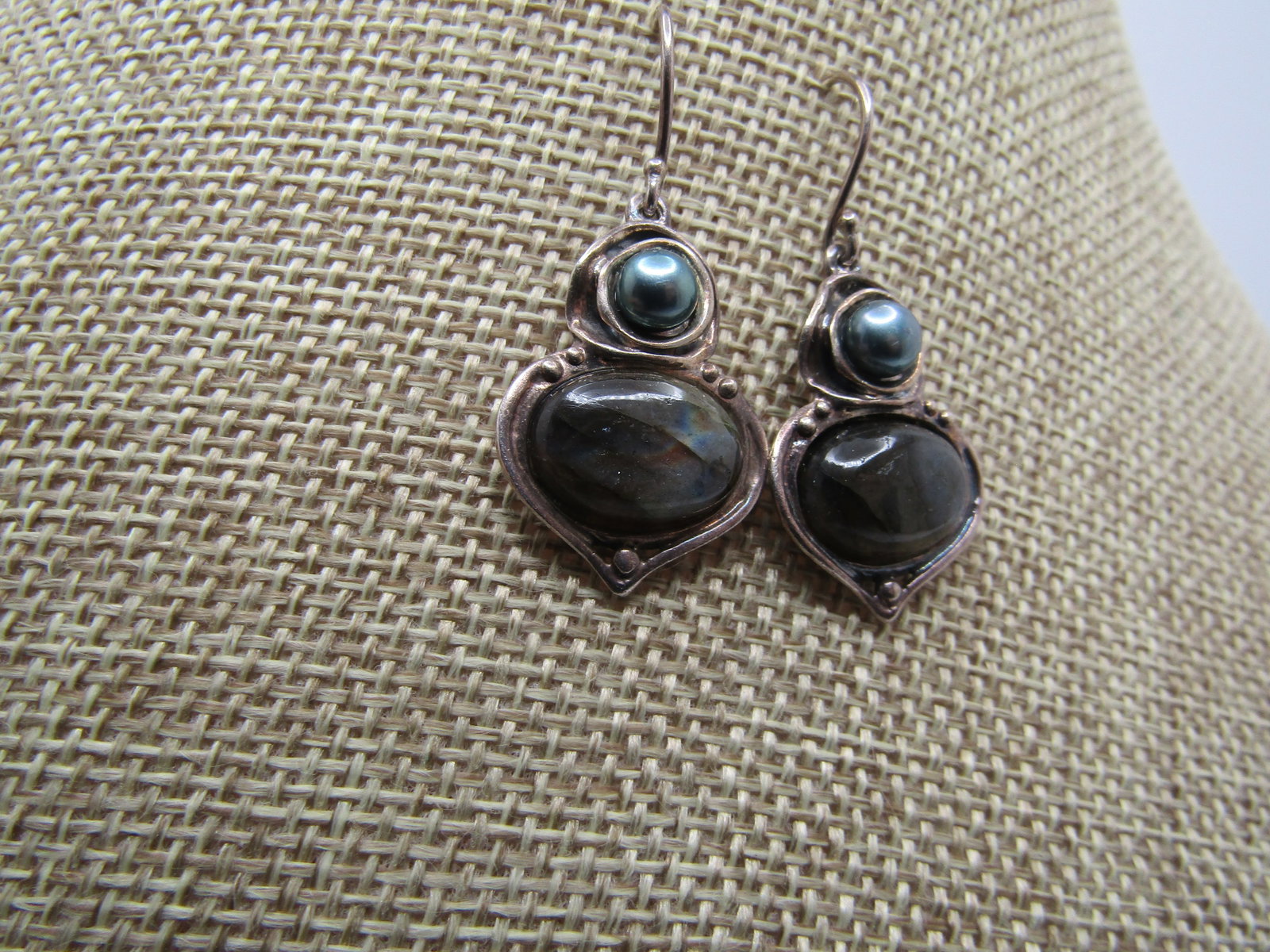 Vintage Sterling Labradorite Tahitian Pearl earrings, Pierced, Signed HG Israel, 1990's - 3
