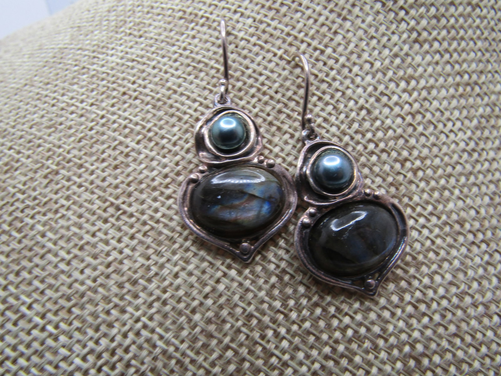Vintage Sterling Labradorite Tahitian Pearl earrings, Pierced, Signed HG Israel, 1990's - 4