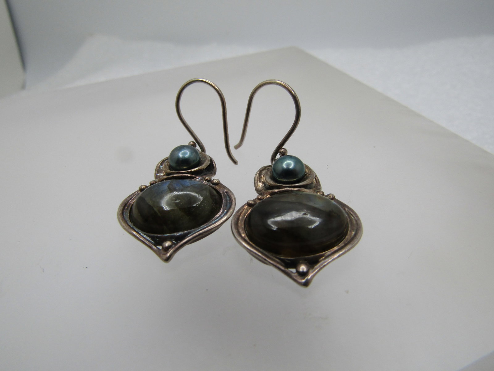 Vintage Sterling Labradorite Tahitian Pearl earrings, Pierced, Signed HG Israel, 1990's - 5