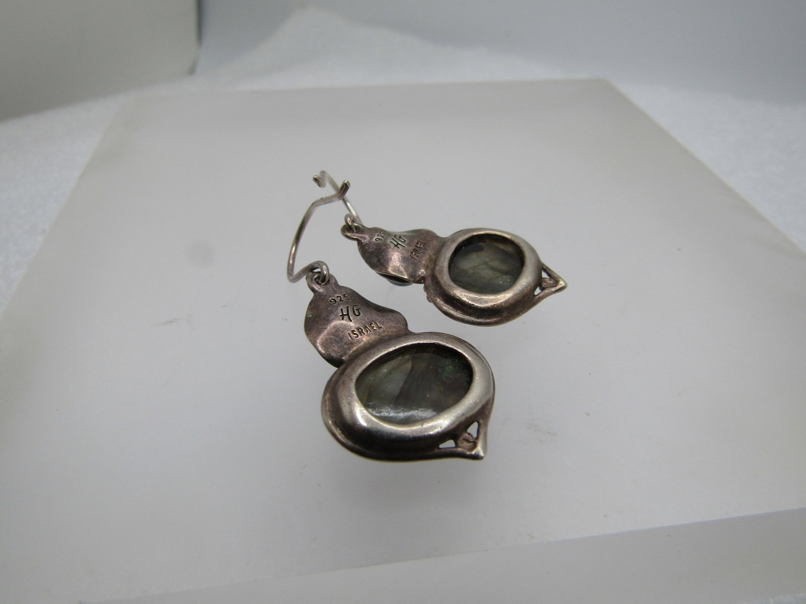 Vintage Sterling Labradorite Tahitian Pearl earrings, Pierced, Signed HG Israel, 1990's - 6
